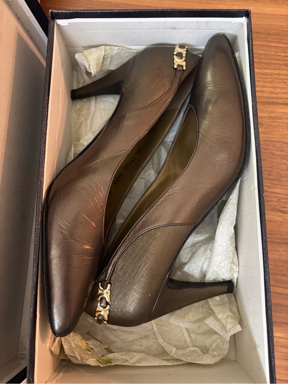 Stuart Weitzman Brown Leather Pointed Toe Heels with Gold Accent